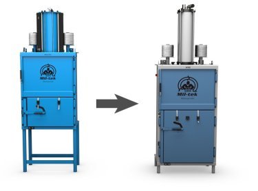 To blå luftdrevne ballepressere fra mil-tek fra gammel model til ny