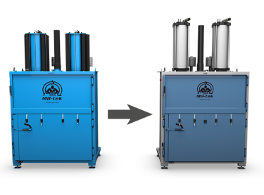 To blå ballepressere med pil imellem fra ældre model til nyere
