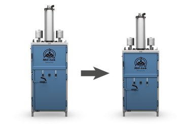 Blå ballepresser med pil til en lidt mindre model