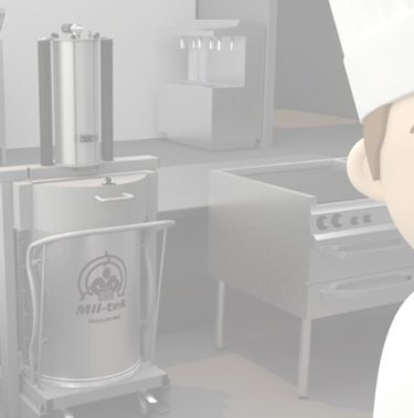 Animeret kok foran et køkken med en affaldspresser til blandet affald